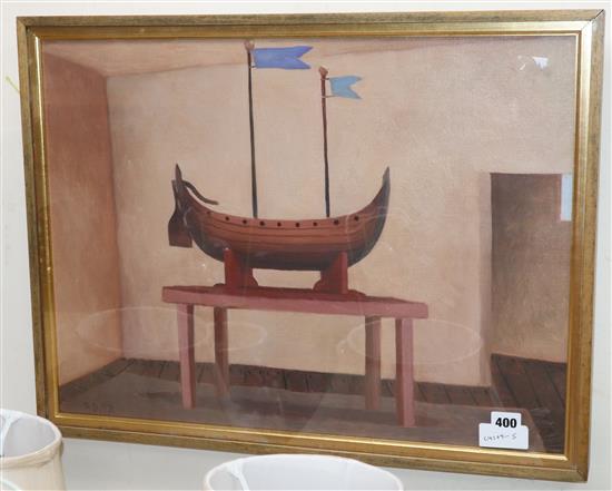 Philip Davies (1953-), oil on linen, 'The Discovery 1997', signed, Christopher Hull Gallery label verso, 42 x 58cm. Condition - fair